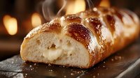 Fresh baked braided challah bread with golden brown crust and soft texture inside, sprinkled with sesame seeds on dark wooden surface with bokeh lights.