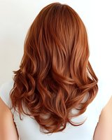 Vibrant copper red wavy hair styled with soft layers and natural movement, back view of woman wearing white top against light background.