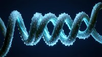 Glowing blue DNA double helix structure with sparkling particles on dark background for medical research and biotechnology presentations.
