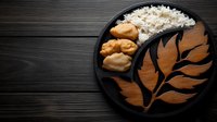 Grilled chicken pieces with steamed white rice served on black plate with decorative wooden leaf design on dark wooden table background.