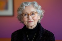 Elegant senior woman with silver curly hair wearing glasses and black turtleneck sweater smiling warmly against purple wall background. Professional portrait capturing aging gracefully.