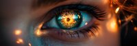 Magical eye with golden fire reflection and turquoise iris in extreme macro photography. Mystical fantasy makeup art with glowing sparkles and light effects.