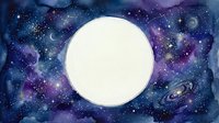 Cosmic space background with bright white circle frame surrounded by purple and blue galaxy nebula with stars and planets for astronomy designs.