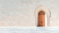 Elegant arched doorway with ornate stone details and wooden door against light beige wall, creating minimalist architectural composition.