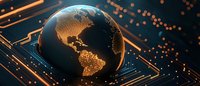 Digital globe showing Americas on circuit board background with glowing orange connections, representing global technology network and worldwide data systems.