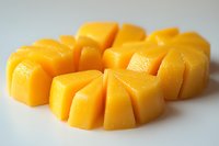Fresh ripe mango cut into uniform cubes arranged in curved pattern on white surface, showing juicy tropical fruit texture and vibrant yellow color.