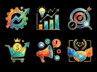 Six colorful watercolor business icons isolated on transparent background, featuring growth charts, target, megaphone, handshake, and shopping cart for clipart, stickers, and print on demand.