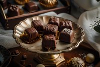 Luxurious dark and milk chocolate pralines and truffles with various toppings and decorative patterns arranged on vintage gold-toned dessert stand.