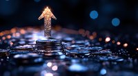 Glowing arrow rises from stack of coins against dark background with bokeh lights, symbolizing financial growth and investment success in business concept.