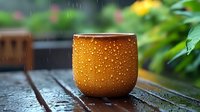 Ceramic brown cup with water droplets on wooden surface during rain, moody atmosphere with blurred garden background, cozy outdoor setting.