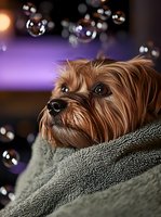 Yorkshire terrier wrapped in cozy gray blanket against purple bokeh background with floating soap bubbles, looking up with expressive brown eyes.