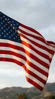 American flag waving proudly against cloudy sky with mountains in background, patriotic symbol of freedom and national pride for holidays and events.