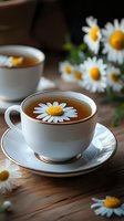 Cups of chamomile tea with fresh daisy flower floating on surface, surrounded by fresh blooms on wooden table. Perfect for wellness content.