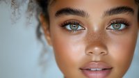 Close up portrait of young mixed race woman with freckles, curly hair, and striking bright eyes against light background. Natural beauty and skincare concept.