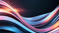 Flowing abstract waves in pink, orange and blue colors with glowing light effects and sparkles on dark background create dynamic modern composition.