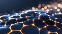 Glowing hexagonal network structure with orange light connections on dark background, illustrating technology, connectivity and digital transformation concepts.
