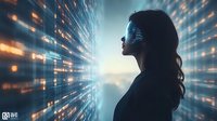 Young Asian woman silhouette against futuristic digital matrix background with glowing light streams and data visualization effects, representing artificial intelligence concept.