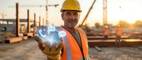 Middle-aged male worker in safety helmet and orange vest holding glowing digital hologram at construction site during sunset, representing technology integration in industrial workplace.