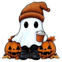 Cute ghost character wearing winter beanie and sneakers, holding coffee cup, sitting between carved pumpkins with autumn leaves, isolated on white background.