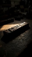 Wooden letterpress blocks spelling VARIABLE illuminated by dramatic spotlight in vintage print shop workshop atmosphere for typography design projects.