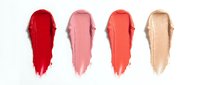 Four lipstick swatches in red, pink, coral and nude tones arranged horizontally on white background for cosmetic and beauty product marketing.