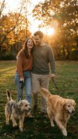 Happy young couple walking dogs in autumn park during golden hour sunset with warm sunlight filtering through colorful fall foliage creating romantic atmosphere.