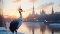 Grey crowned crane standing near water at sunset with city silhouette and cathedral spires reflected in calm lake surface during golden hour. Peaceful urban wildlife scene.