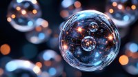 Transparent soap bubbles floating in dark space with glowing bokeh lights creating magical atmosphere for fantasy designs.