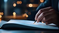 Hand holding pen writing in notebook with soft bokeh lights in dark moody atmosphere, creating intimate study or journaling moment for personal growth and education.