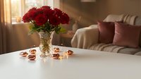 Red roses in crystal vase with chocolates on white table in cozy living room with warm sunlight streaming through window creating romantic atmosphere.