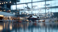 Modern private jet reflected in glossy floor of luxury airport terminal with bokeh lights creating elegant atmosphere for aviation and travel concepts.