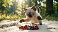 Young Siamese kitten with dark points playing with fresh berries on wooden surface outdoors in sunlight, suitable for pet, nature and lifestyle content.