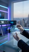 Businessman hands manipulating holographic network cube with digital icons in modern office environment showcasing futuristic technology and connectivity solutions.