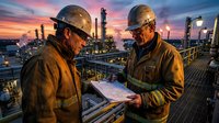 Two industrial workers in hard hats reviewing blueprints at oil refinery during golden hour sunset with petrochemical plant infrastructure in background.
