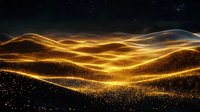 Abstract golden light waves flowing on dark background with glowing particles and sparkles create dynamic futuristic landscape for technology designs.