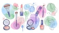 Watercolor beauty cosmetics collection with makeup brushes, lipstick, nail polish and hair styling elements on white background for fashion design.