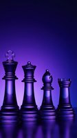 Purple chess pieces king queen bishop rook standing in formation against gradient blue background for strategic business concepts and leadership themes.