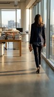 Professional businesswoman walking through modern office space with city skyline view, corporate leadership and workplace success concept.