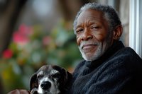 Senior African American man in black turtleneck sweater smiling warmly while sitting near window with senior black and white dog, natural lighting creates peaceful atmosphere.