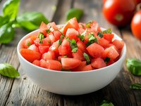 Fresh diced tomatoes garnished with chopped basil leaves in white ceramic bowl on rustic wooden table, bright natural lighting for food photography.