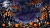 Spooky Halloween night scene with glowing jack-o-lanterns, haunted house, bare trees, full moon and bats flying across dramatic purple orange sky.