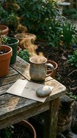 Steaming ceramic mug on rustic wooden garden table with thank you note, stone, terracotta pots, and tabby cat in lush green setting.
