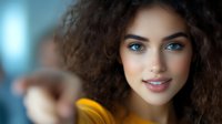 Young mixed race woman with natural curly hair and bright blue eyes smiling at camera. Soft focus portrait with yellow clothing detail and blurred background.