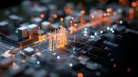Glowing orange and blue circuit paths on computer motherboard with depth of field effect creating futuristic technology visualization for AI and computing concepts.