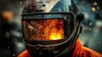 Dramatic close-up of astronaut helmet visor reflecting intense fiery explosion with sparks and debris against dark space background, creating sci-fi atmosphere.