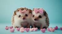 Two adorable hedgehogs wearing pink bows surrounded by small heart decorations on turquoise background, romantic valentines concept for greeting cards and social media.