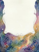 Ornate decorative frame with rainbow gradient borders, swirling flourishes, and fireworks elements on isolated white background. Suitable for invitations, posters, and design projects.