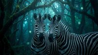 Two zebras standing together in a mystical dark forest with glowing teal light filtering through moss-covered trees, creating a magical wildlife scene.