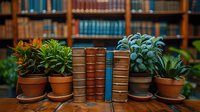 Vintage leather-bound books arranged between potted succulents and plants on wooden table in cozy library with blurred bookshelves background.