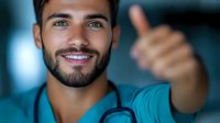 Young male Hispanic medical professional in scrubs with stethoscope showing thumbs up gesture while smiling. Positive healthcare concept in hospital setting.
